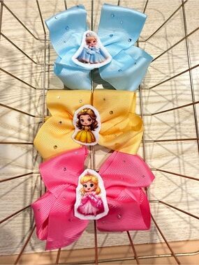 Pack of 3 Kids Princess Ribbon Hair Bows in Blue, Yellow & Pink